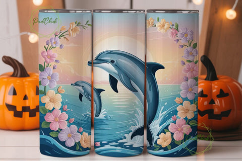 Dolphin Sunset Flowers 20oz Tumbler Wrap Sublimation PixelChick 