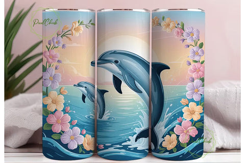 Dolphin Sunset Flowers 20oz Tumbler Wrap Sublimation PixelChick 