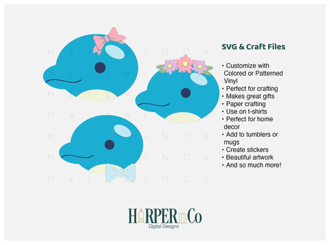 Dolphin with Bows and Flowers SVG PNG Cut EPS File SVG HarperNCo 