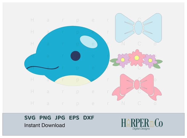 Dolphin with Bows and Flowers SVG PNG Cut EPS File SVG HarperNCo 