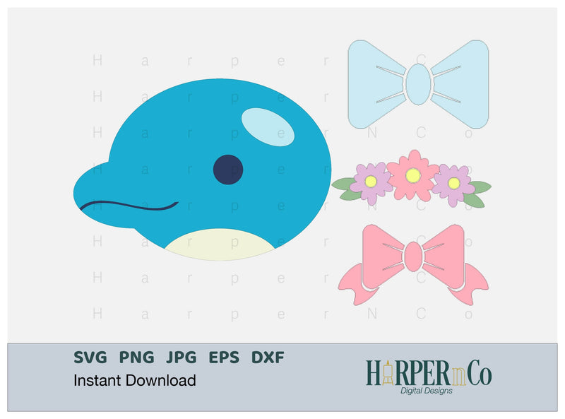 Dolphin with Bows and Flowers SVG PNG Cut EPS File SVG HarperNCo 