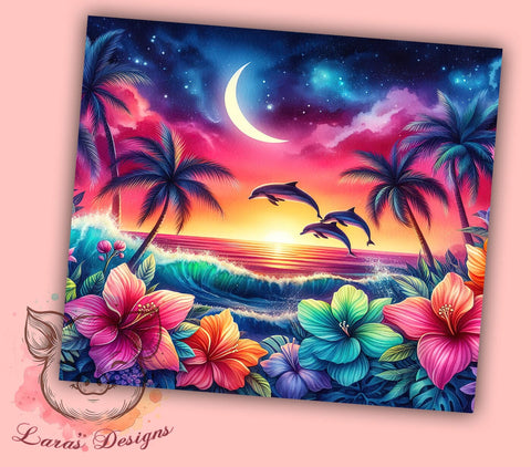 Dolphins 20 oz Skinny Tumbler Sublimation Design, Straight & Tapered Tumbler Png, Floral Tropical Beach Ocean Tumbler Png, Digital Download PNG Sublimation Lara' s Designs 