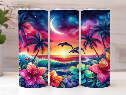 Dolphins 20 oz Skinny Tumbler Sublimation Design, Straight & Tapered Tumbler Png, Floral Tropical Beach Ocean Tumbler Png, Digital Download PNG Sublimation Lara' s Designs 