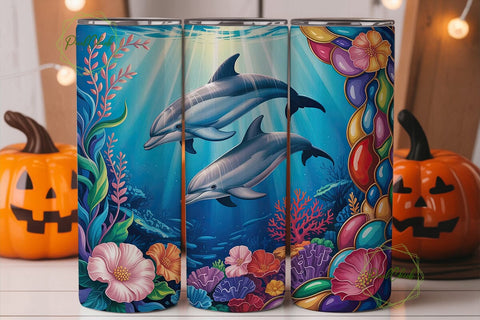 Dolphins Floral Underwater 20oz Tumbler Sublimation PixelChick 