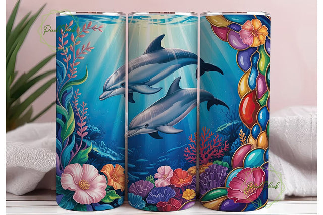 Dolphins Floral Underwater 20oz Tumbler Sublimation PixelChick 