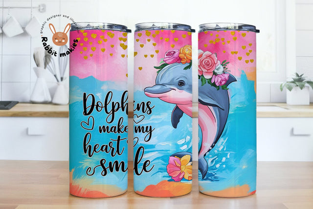 Dolphins Make My Heart Smile 20 oz Skinny Tumbler PNG Sublimation Rabbitmakies 