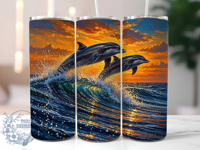 Dolphins Ocean Sunset Waves 20oz Tumbler, Dolphin Motif, Ocean Theme, Sunset Scene, Wave Design, Coastal Charm, Sublimation Wrap, 20oz Tumbler Sublimation ToriDesigns 