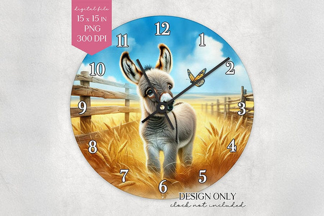 Donkey Clock Face PNG – Cute Farm Animal Wall Clock Sublimation BijouBay 
