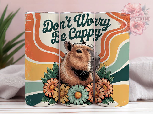Don’t Worry Be Cappy Retro Tumbler, 80s Groovy Hippie Wrap, Positive Vibes 20Oz Cup, Retro Capybara Sublimation Design, Funky Animal Drinkware Gift, Colorful Boho Tumbler Sublimation Li Zamperini 