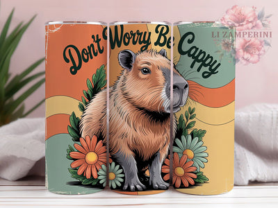 Don’t Worry Be Cappy Retro Tumbler, 80s Groovy Hippie Wrap, Positive Vibes 20Oz Cup, Retro Capybara Sublimation Design, Funky Animal Drinkware Gift, Colorful Boho Tumbler Sublimation Li Zamperini 