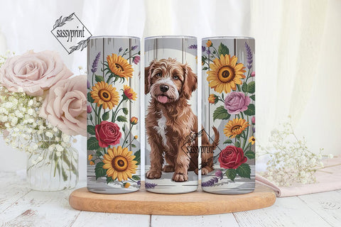 Doodle Dog with Fall Flowers Tumbler Sublimation sassyprint 