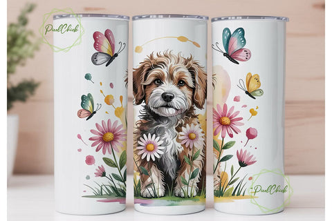 Doodle Dog with Flowers Tumbler Wrap Sublimation PixelChick 