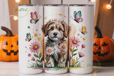 Doodle Dog with Flowers Tumbler Wrap Sublimation PixelChick 