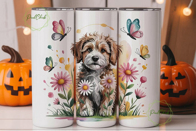 Doodle Dog with Flowers Tumbler Wrap Sublimation PixelChick 