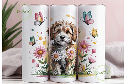 Doodle Dog with Flowers Tumbler Wrap Sublimation PixelChick 