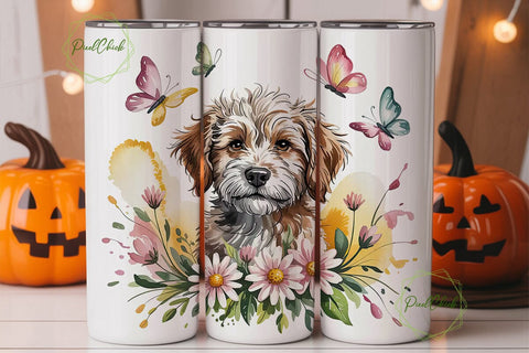 Doodle Dog with Flowers Tumbler Wrap Sublimation PixelChick 