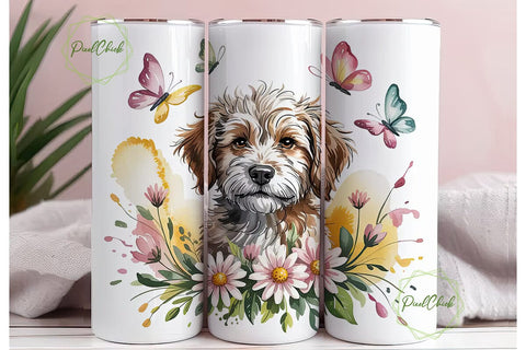 Doodle Dog with Flowers Tumbler Wrap Sublimation PixelChick 