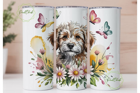Doodle Dog with Flowers Tumbler Wrap Sublimation PixelChick 