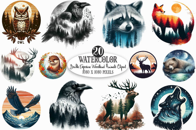 Double Exposure Woodland Animals Clipart Sublimation SVGista 