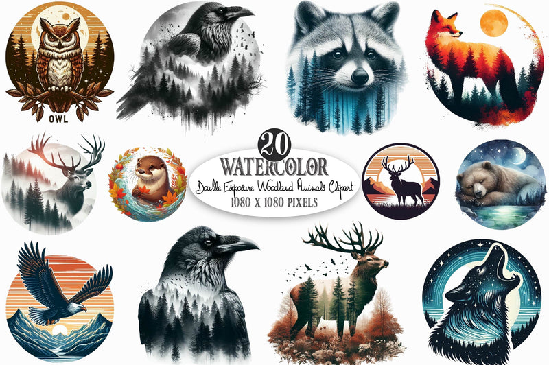 Double Exposure Woodland Animals Clipart Sublimation SVGista 
