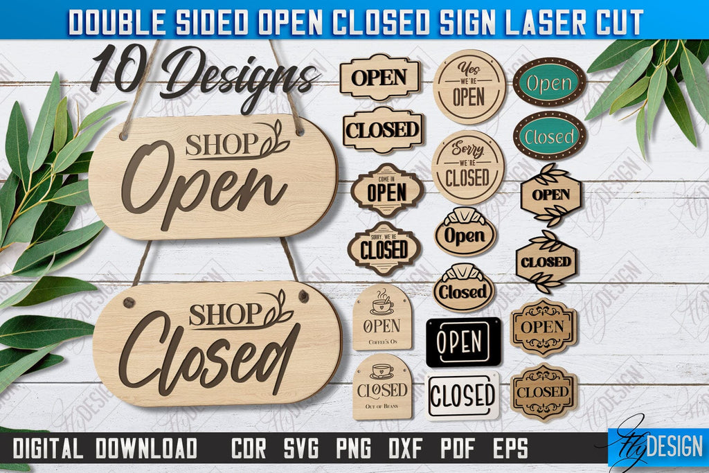 Double-Sided Open Closed Signs Laser Cut Bundle | Hanging Door Signs ...