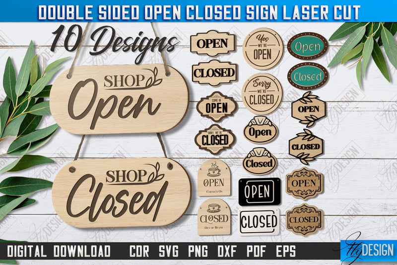 Double-Sided Open Closed Signs Laser Cut Bundle | Hanging Door Signs | Sign Board | CNC Files SVG Fly Design 