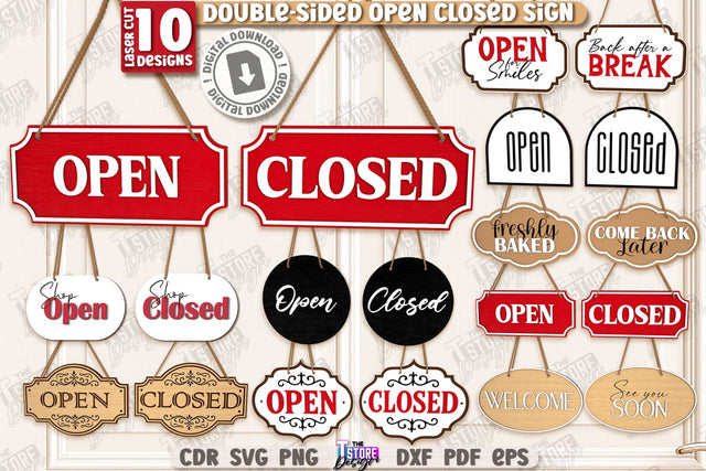 Double-Sided Open Closed Signs Laser Cut Bundle | Hanging Door Signs | Sign Board | CNC Files SVG The T Store Design 