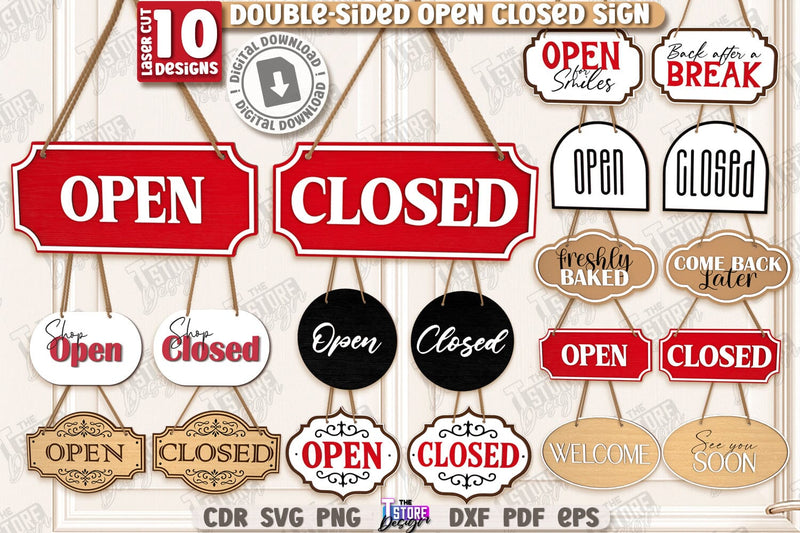 Double-Sided Open Closed Signs Laser Cut Bundle | Hanging Door Signs | Sign Board | CNC Files SVG The T Store Design 
