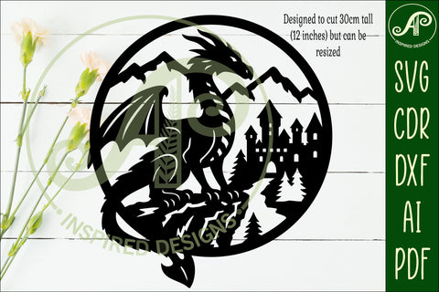Dragon and castle mountain scene wall sign svg laser cut SVG APInspireddesigns 