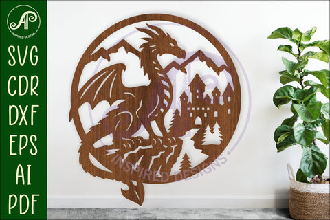 Dragon and castle mountain scene wall sign svg laser cut SVG APInspireddesigns 