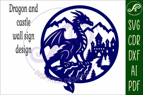 Dragon and castle mountain scene wall sign svg laser cut SVG APInspireddesigns 