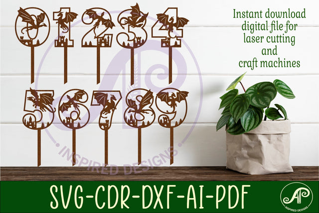 Dragon Cake Topper numbers, Birthday Medieval for cake SVG APInspireddesigns 