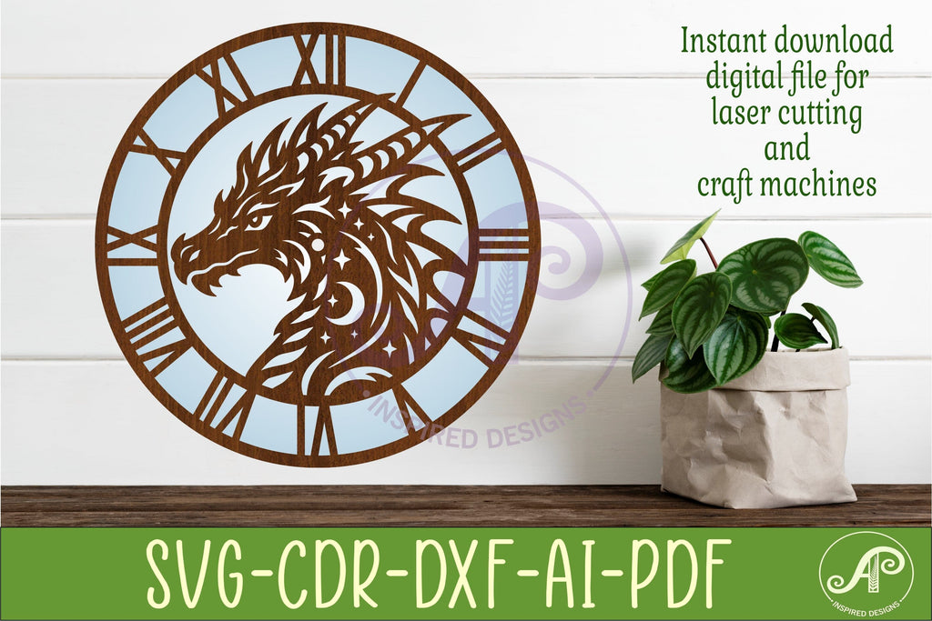 Cardboard Clock Patterns Dragon Clock Laser Cut File, Fantasy Dragon Wall Clock SVG - So Fontsy