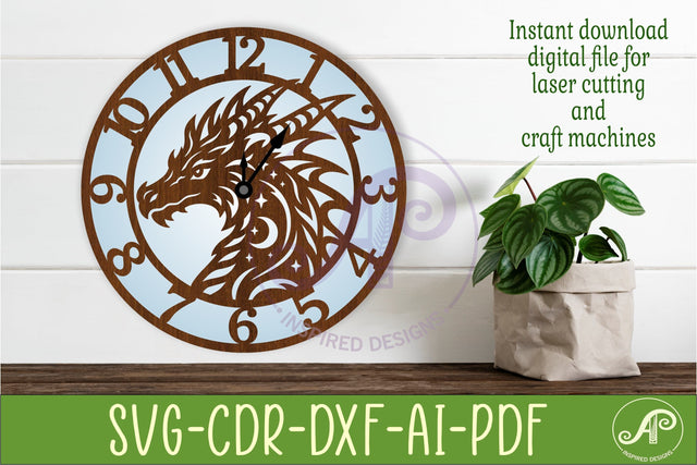 Dragon Clock Laser Cut File, Fantasy Dragon Wall Clock SVG SVG APInspireddesigns 