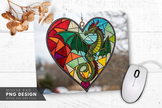 Dragon-Embraced Stained Glass Heart Mouse Pad PNG Design Sublimation Regulrcrative 