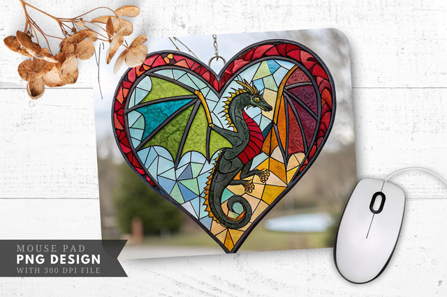 Dragon-Embraced Stained Glass Heart Mouse Pad PNG Design Sublimation Regulrcrative 