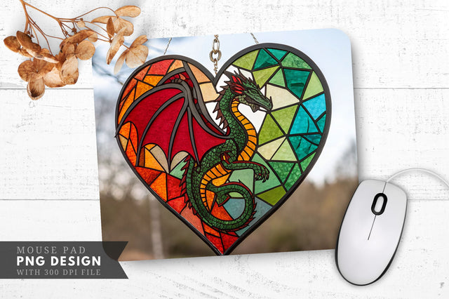 Dragon-Embraced Stained Glass Heart Mouse Pad PNG Design Sublimation Regulrcrative 