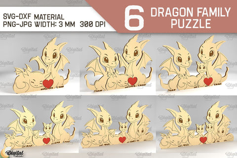 Dragon Family Puzzles SVG Bundle. Dragon Figurines Laser Cut SVG Evgenyia Guschina 