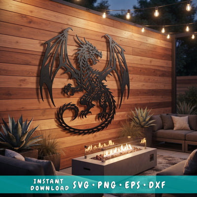 Dragon Laser SVG | Dragon Metal Wall Art DXF Cut File | Plasma CNC Laser Cut Files | Fantasy Dragon Silhouette | Steel Wall Decor SVG HappyDesignStudio 