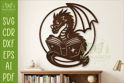 Dragon Reading Book Wall Art SVG, Fantasy Dragon Library SVG APInspireddesigns 