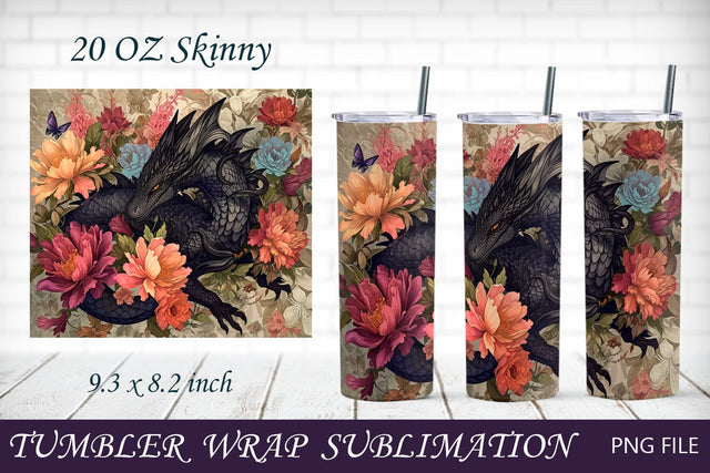 Dragon tumbler wrap 20oz, Fantasy dragon with flowers sublimation Sublimation AnastasiyaArtDesign 