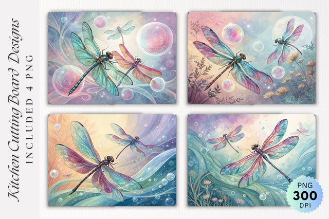 Dragonflies Gliding Over Abstract Watercolor with Bubbles Cutting Board PNG Design Sublimation Regulrcrative 