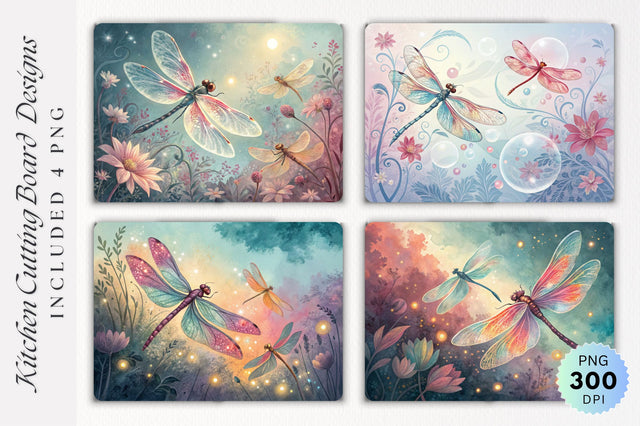 Dragonflies in a Magical Watercolor Dream Cutting Board PNG Design Sublimation Regulrcrative 