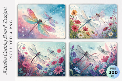 Dragonflies in an Abstract Flower Garden Cutting Board PNG Design Sublimation Regulrcrative 