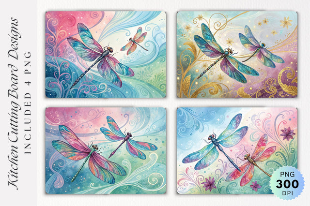 Dragonflies in Flight Watercolor Dreamscape with Cutting Board PNG Design Sublimation Regulrcrative 