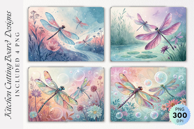 Dragonflies in Flight with Glowing Bubbles and Floral Shapes Pastel Backdrop Cutting Board PNG Design Sublimation Regulrcrative 
