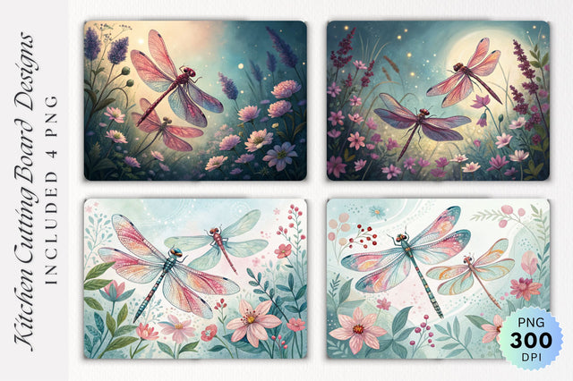 Dragonflies in Floral Watercolor Cutting Board PNG Design Sublimation Regulrcrative 
