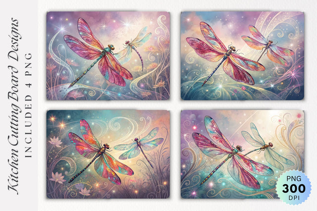 Dragonflies with Jewel Like Wings on a Dreamy Background Cutting Board PNG Design Sublimation Regulrcrative 