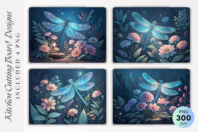 Dragonfly Centerpiece with Pastel Flowers Cutting Board PNG Design Sublimation Regulrcrative 