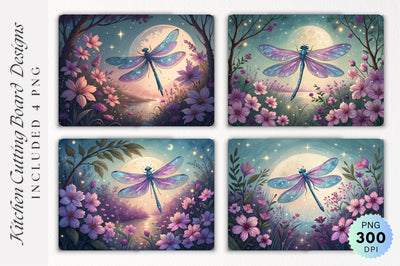 Dragonfly Elegance with Blossoms and Nightscape Cutting Board PNG Design Sublimation Regulrcrative 